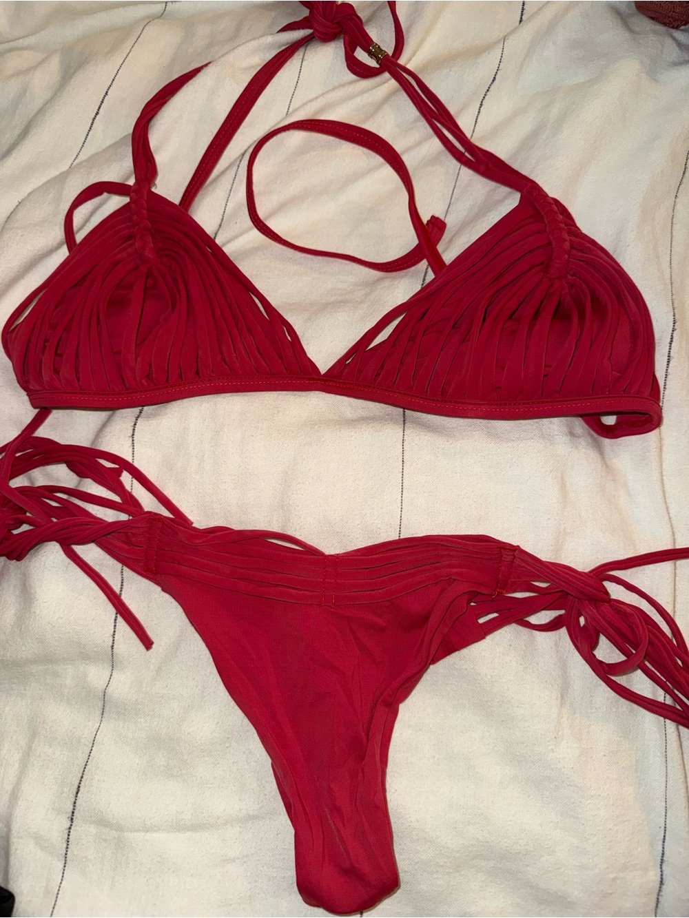 Red Fringe String Triangle Bikini Set